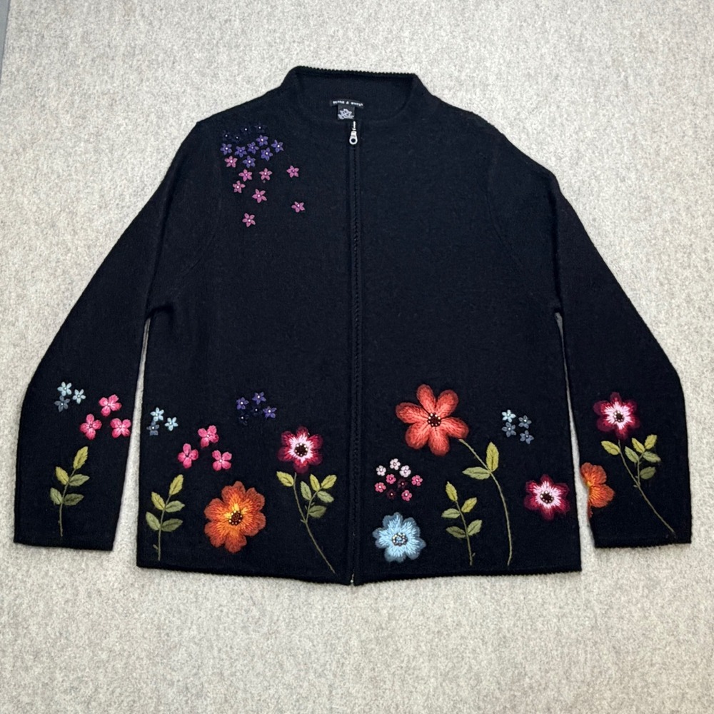 Wool Full Zip Sweater XL Black Floral Cottagecore Grandma Whimsy Deane & White